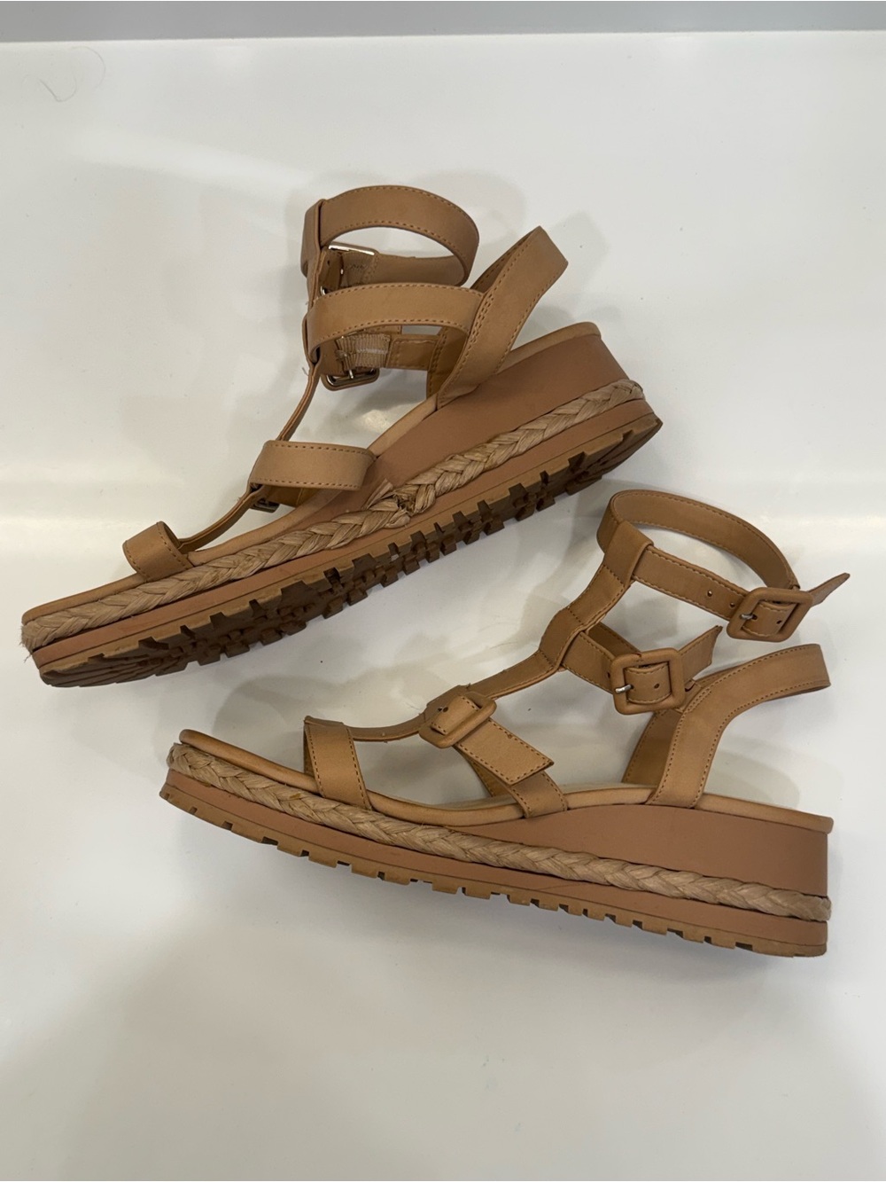 DSW Tan Strappy Platform Sandals with Buckle Detail